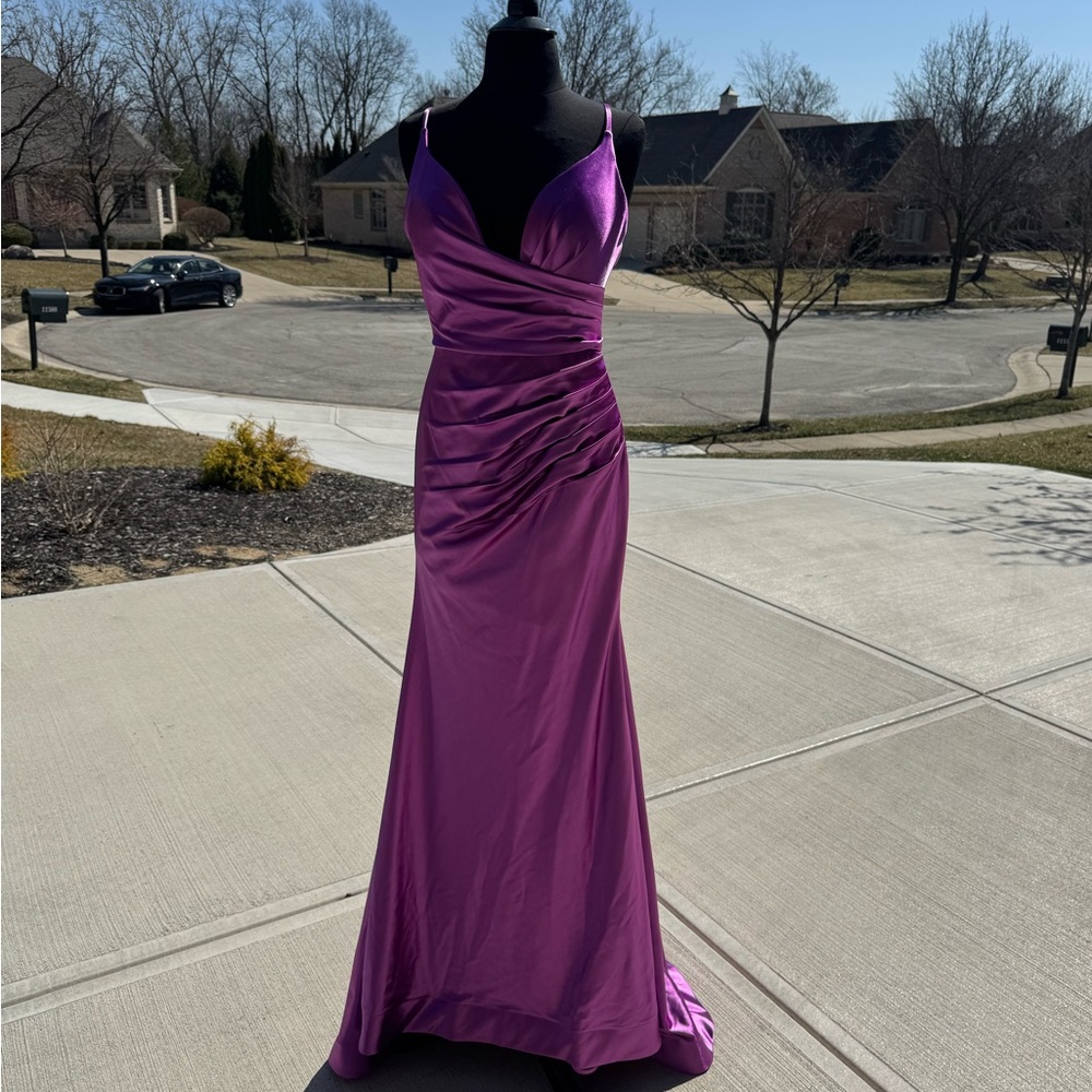 Purple Ruched Maxi Dress with Plunge Neckline